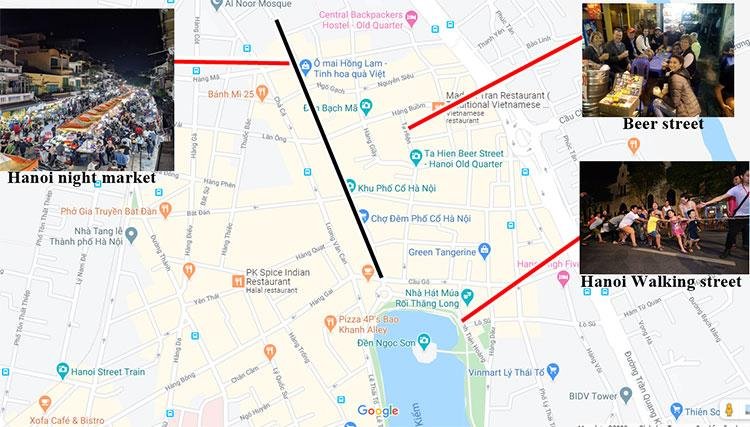 Map showing the layout of Hanoi Old Quarter Night Market and surrounding streets