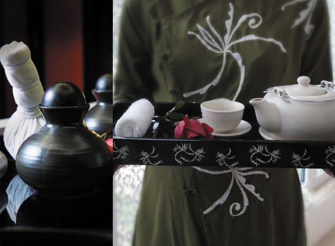Traditional tea service at a Hanoi spa with relaxation area