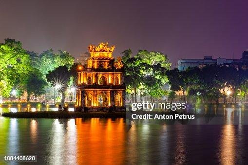 Hoan Kiem Lake at night with illuminated Turtle Tower