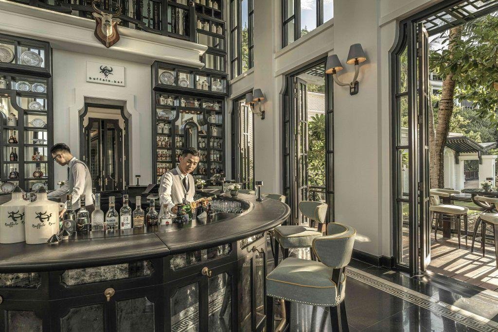 Elegant interior of Maison Vie cocktail bar with colonial architecture