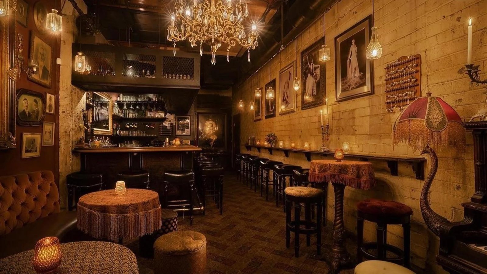 Dimly lit speakeasy bar interior with vintage décor