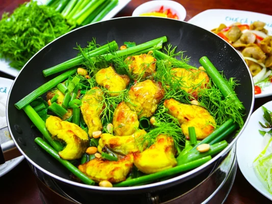 La Vong grilled chopped fish id one of the most beloved specialties in Hanoi Old Quarter