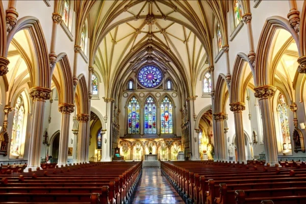 The Cathedral was built with towering glass windows and high domes