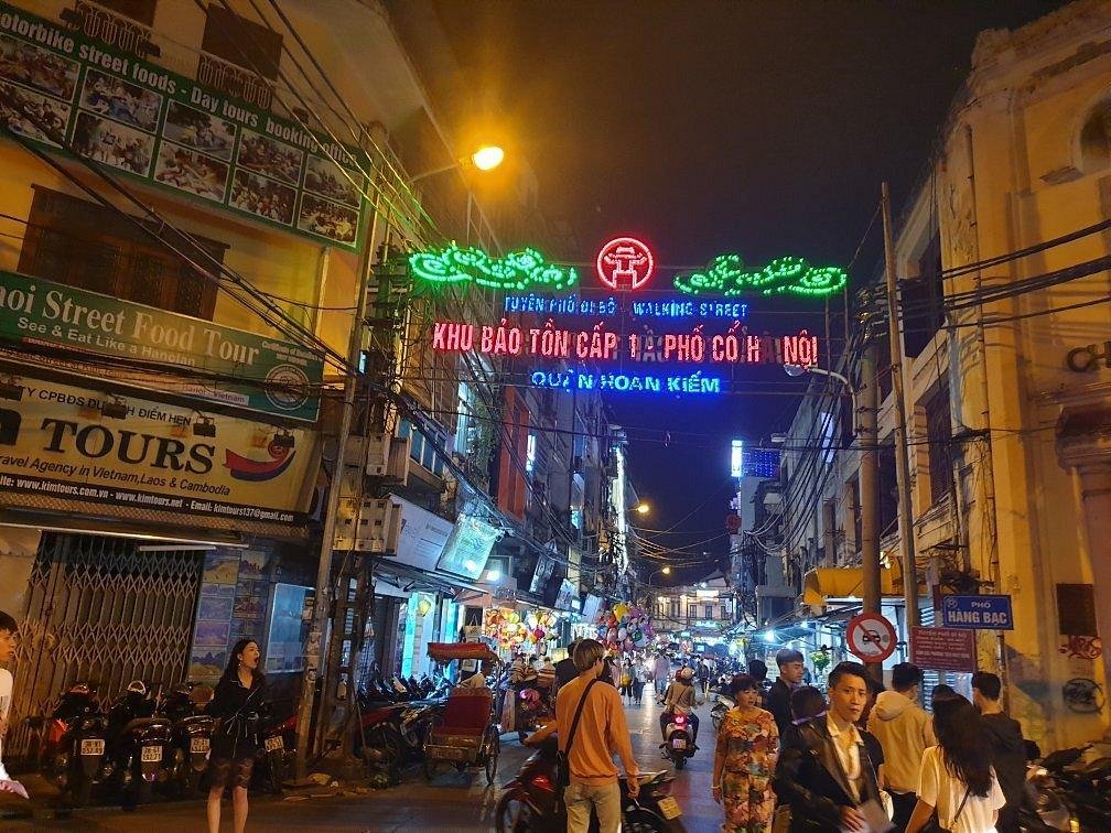 Crowded Beer Street in Hanoi Old Quarter at night with many tourists