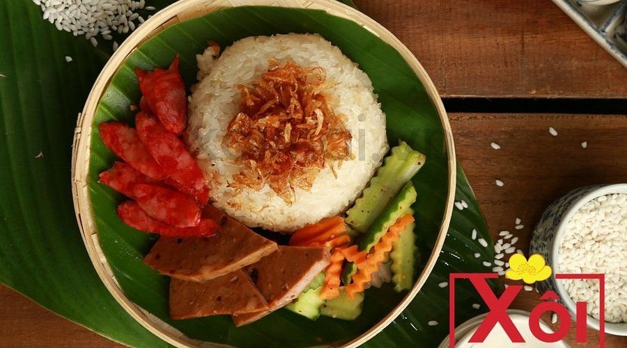 Colorful display of various xoi sticky rice varieties in Hanoi