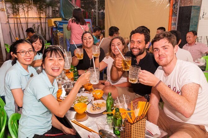 Tourists interacting with local vendors and sharing meals