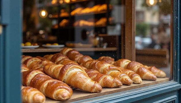 Fresh croissants and pastries displayed in French bakery window