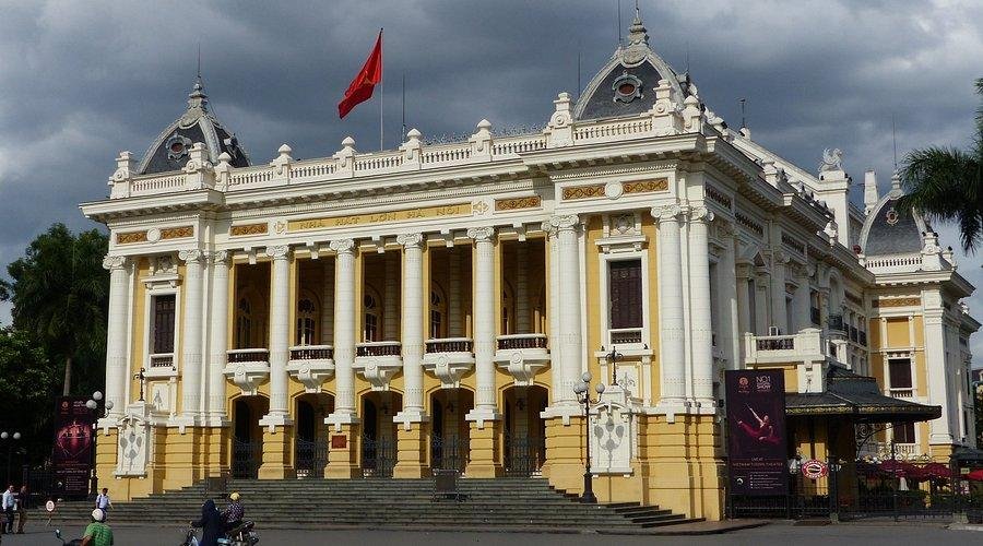 Historic French colonial building in Hanoi showing characteristic architectural features