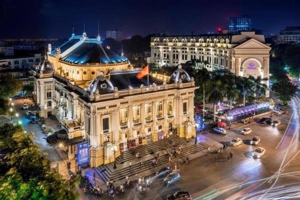 French Quarter Hanoi at night with illuminated colonial buildings