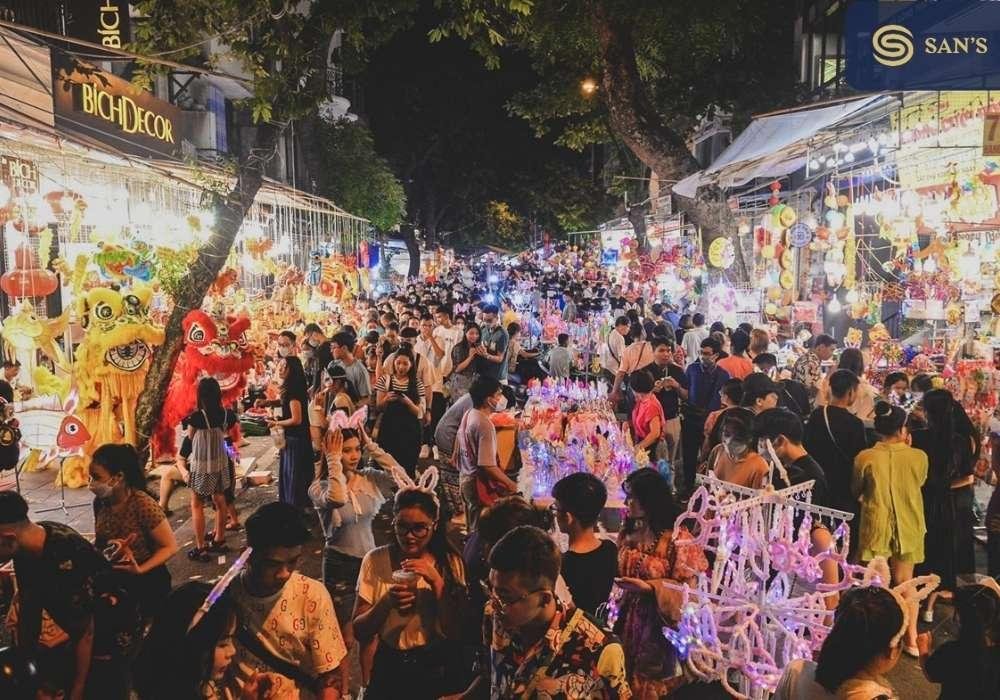 Colorful decorations and lanterns along Hang Ma (Paper Street) in Hanoi Old Quarter