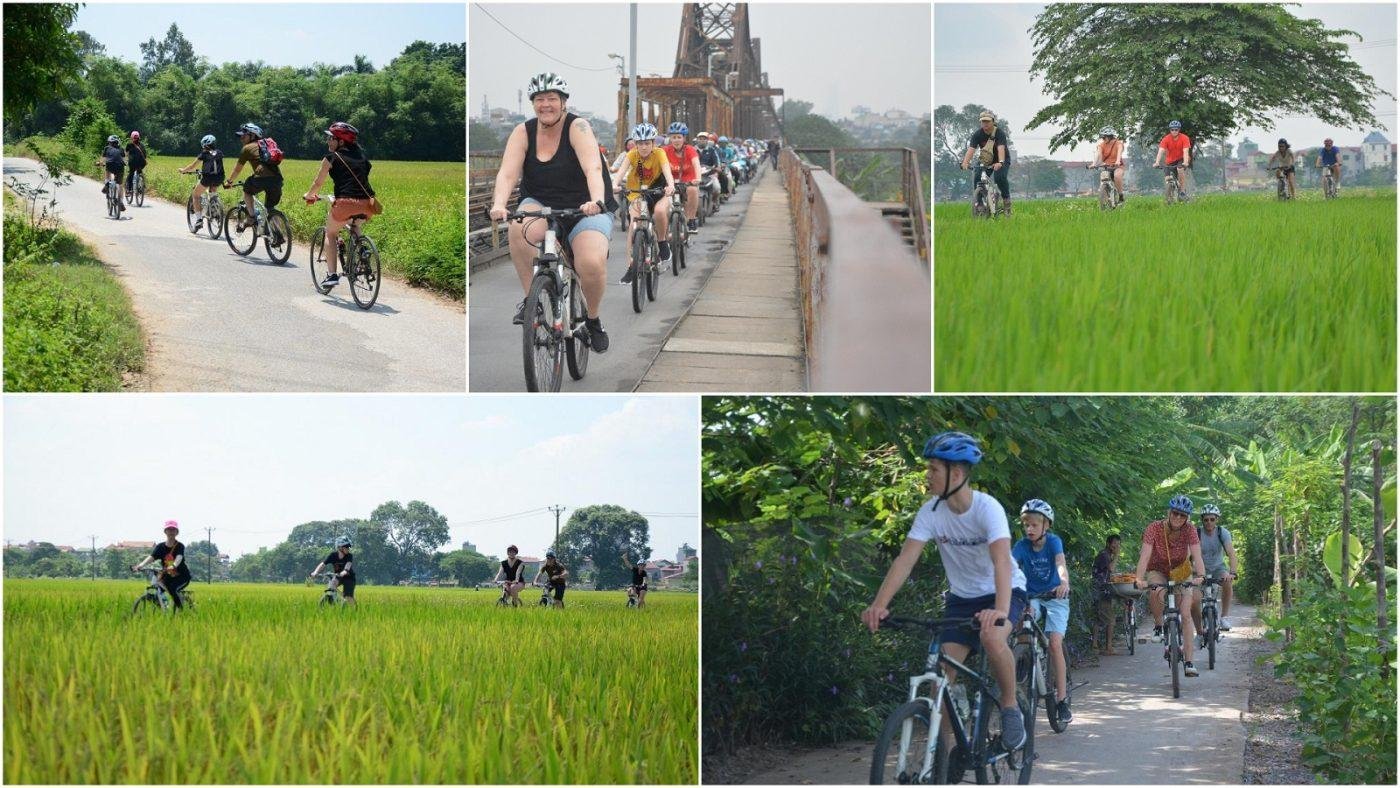 Collage showing Hanoi bike tours across all four seasons