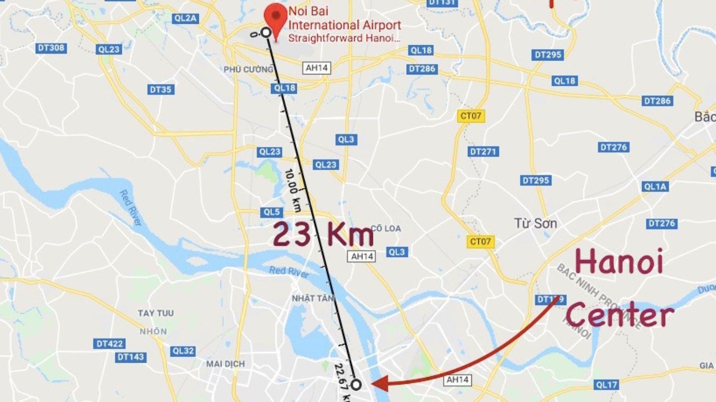 Map of bus routes from Hanoi Airport to Old Quarter
