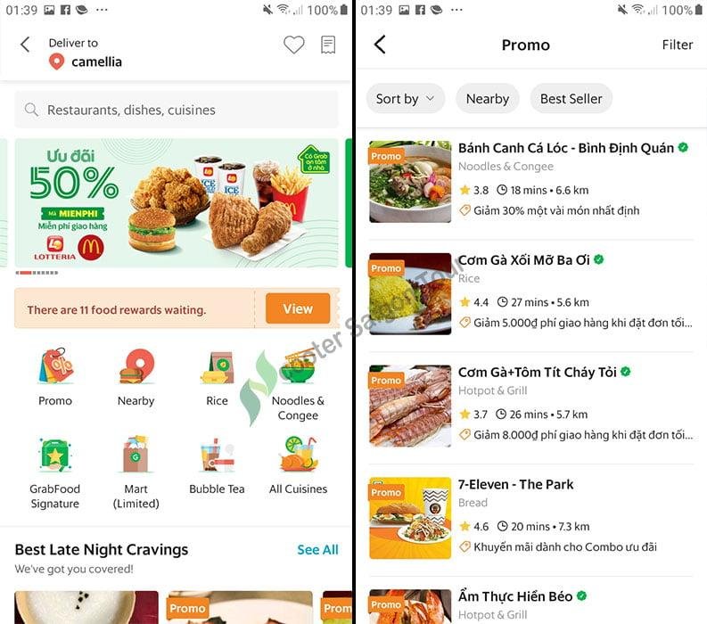 Traveler reading Klook app while enjoying Vietnamese food
