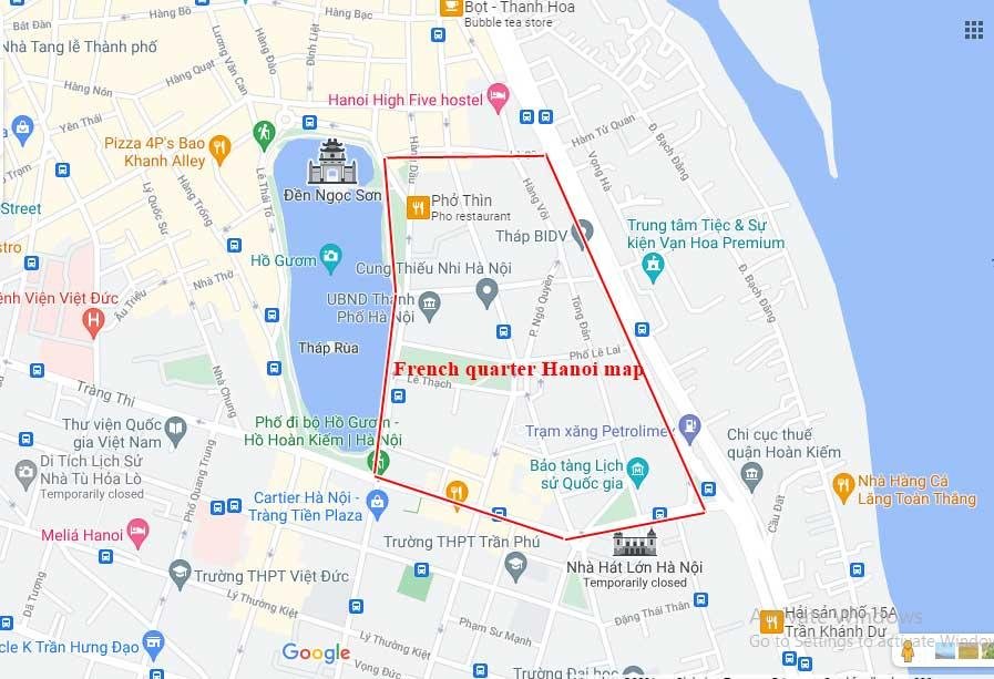 Map showing main streets of Hanoi French Quarter