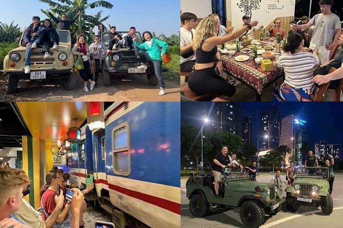 Beautiful sunset view from jeep during Hanoi food tour with city skyline