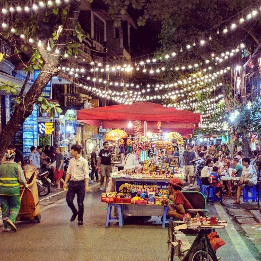 Colorful display of traditional Vietnamese souvenirs at Hanoi Night Market