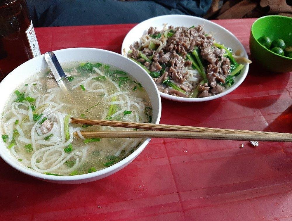 Traditional Pho Bo served at Hanoi street stall