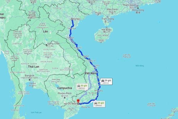 Map showing different routes from Hanoi to Ho Chi Minh City