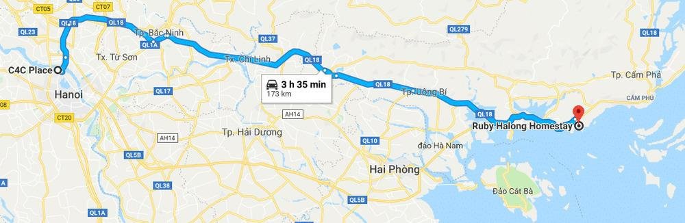 Map showing the route from Hanoi to Saigon with major stops along the way