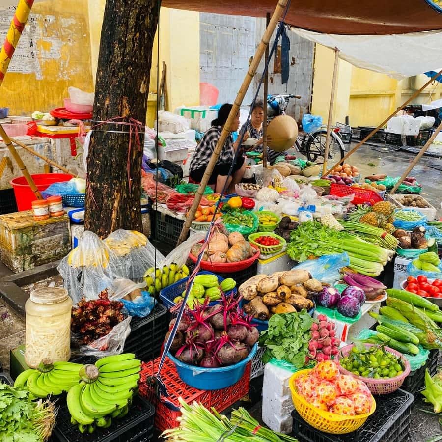 Colorful vegetables and herbs at a Hanoi market