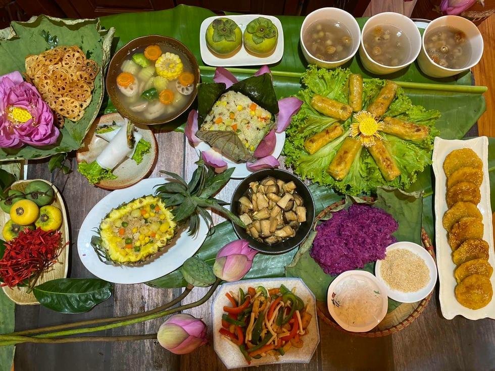 Colorful vegetarian Vietnamese dishes on street food stall