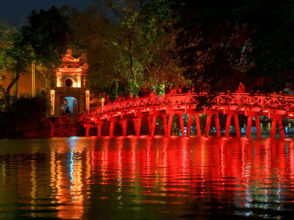 Scenic view of Hoan Kiem Lake near Hanoi Old Quarter with the iconic red bridge