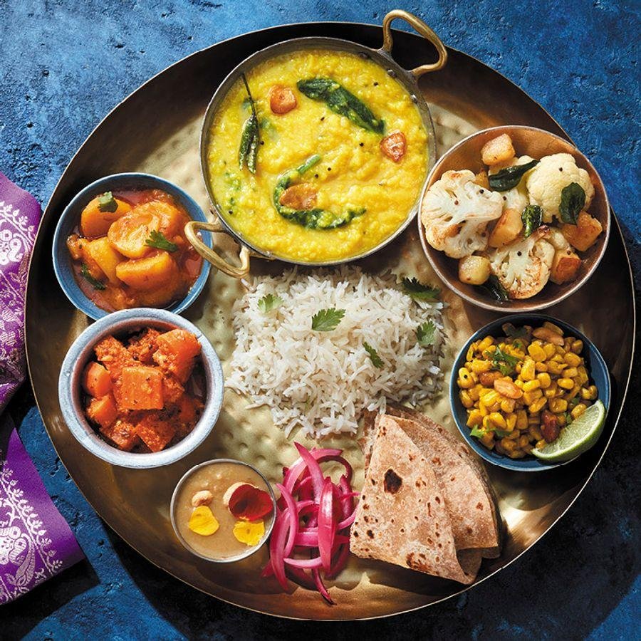 Vegetarian Indian thali with various dishes