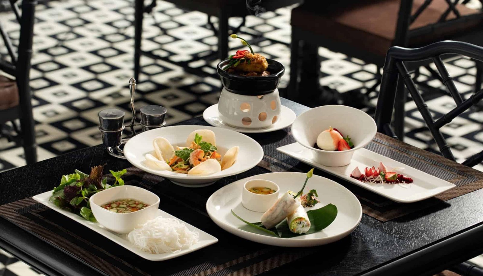 Elegant fine dining setting in a luxury hotel restaurant in Hanoi Old Quarter