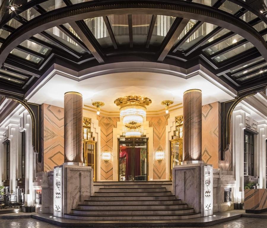 Elegant hotel lobby in Hanoi French Quarter with colonial decor