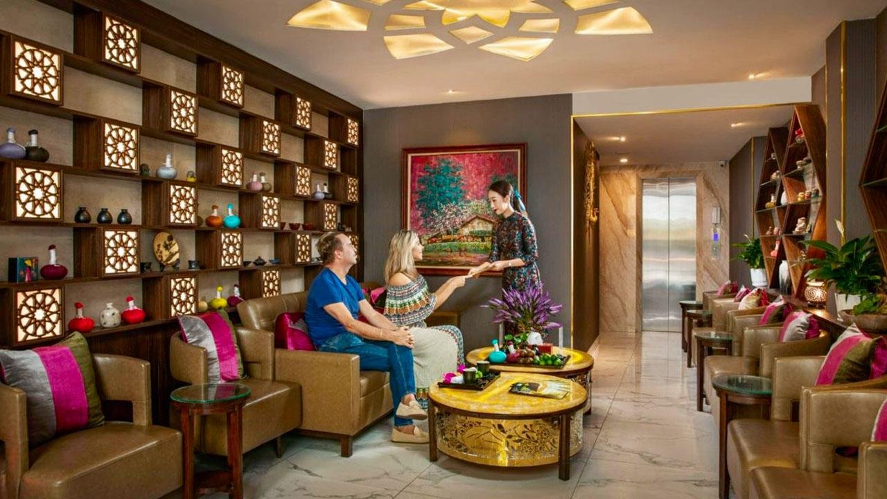 Spa treatment room in a luxury hotel in Hanoi Old Quarter with traditional Vietnamese decor elements