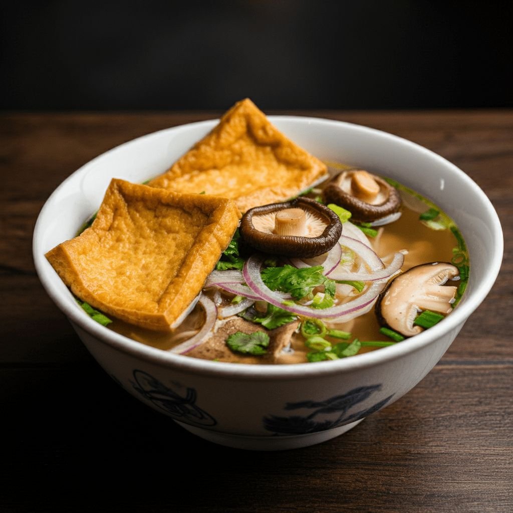 Bowl of vegetarian pho with tofu and herbs in Hanoi
