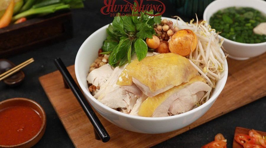 Bowl of pho ga with tender chicken and clear aromatic broth