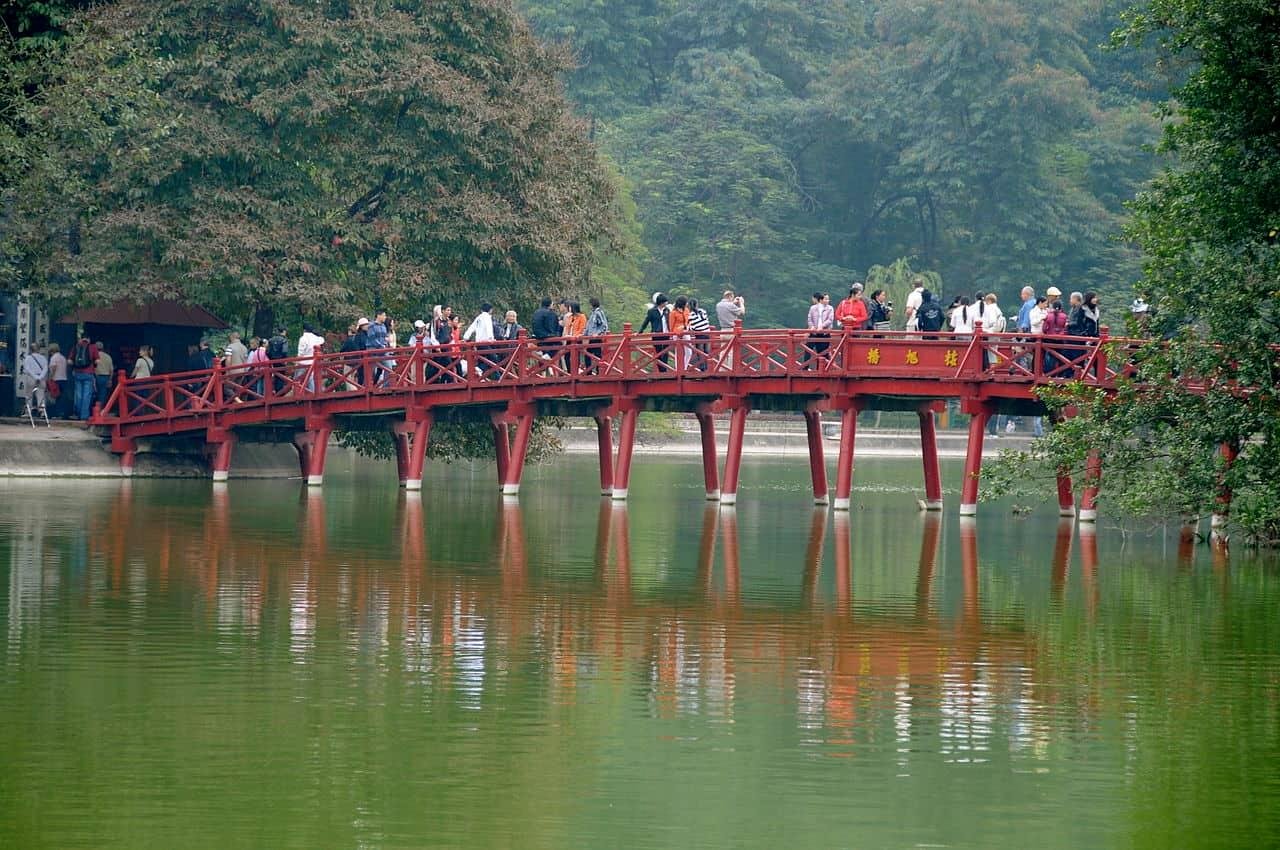 Red Huc Bridge leading to Ngoc Son Temple on Hoan Kiem Lake