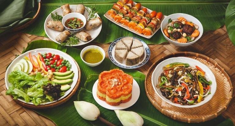 Colorful vegetarian dishes at a restaurant in Hanoi Old Quarter