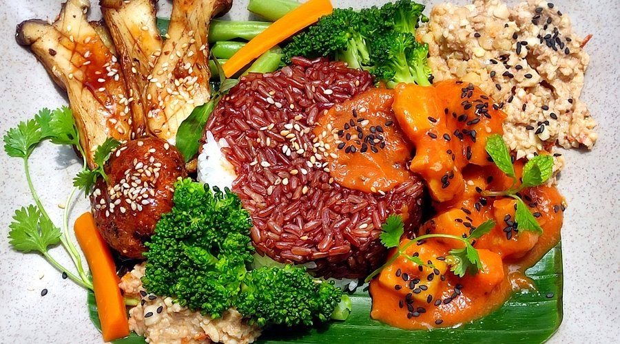 Array of colorful vegetarian Vietnamese dishes