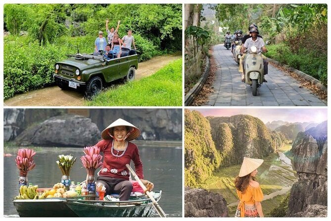 Happy tourists posing with their jeep and guide during Vietnam Travelers food tour