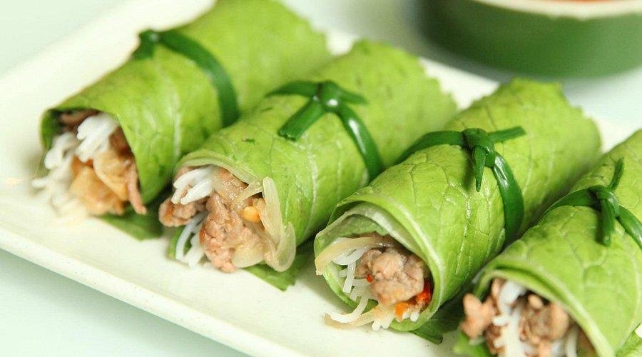 Fresh Vietnamese spring rolls being prepared at local restaurant