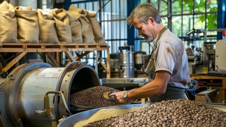 Coffee roasting process at The Workshop Coffee showing local beans