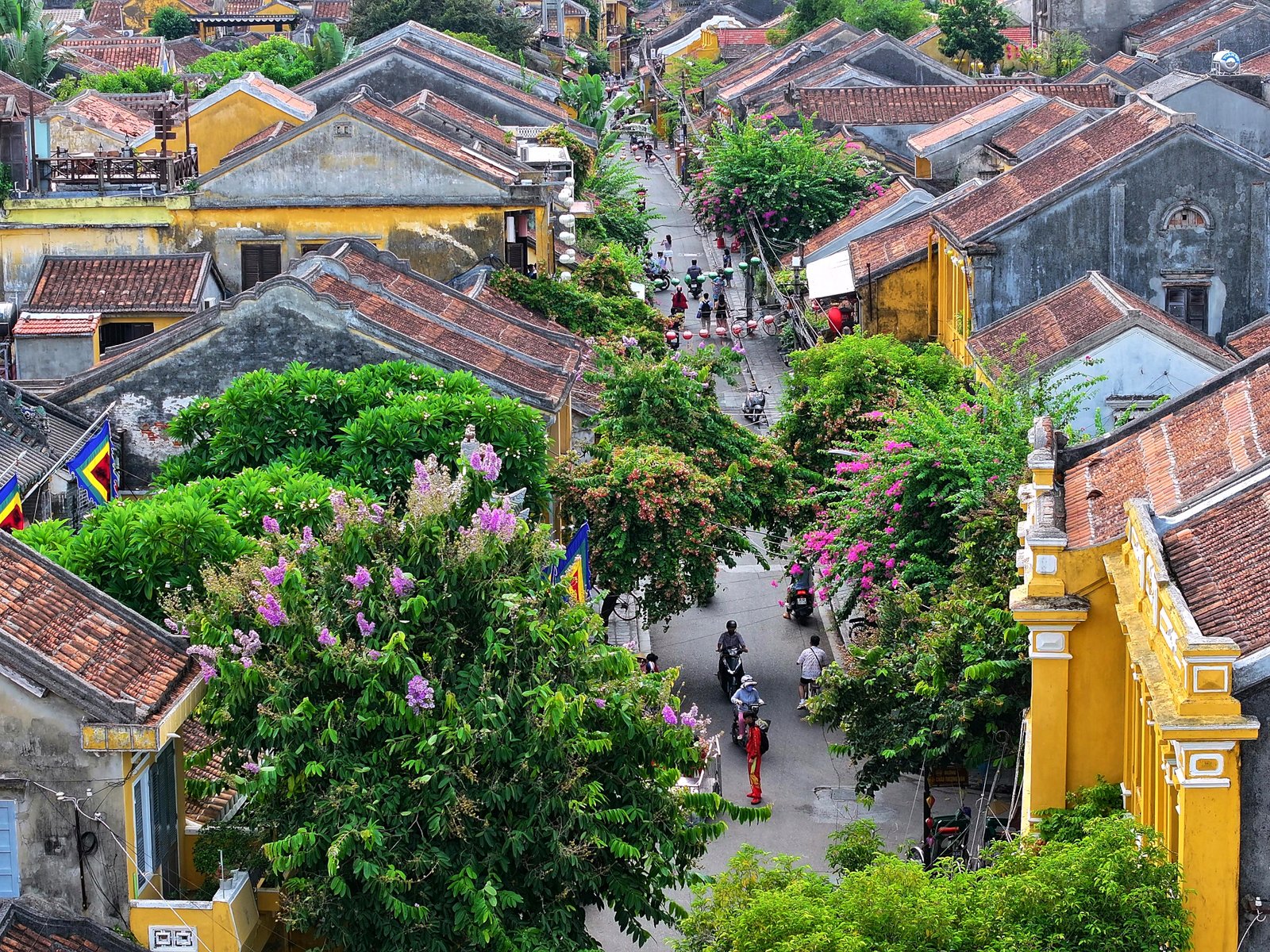 Colorful silk lanterns glowing above the ancient streets of Hoi An, Vietnam