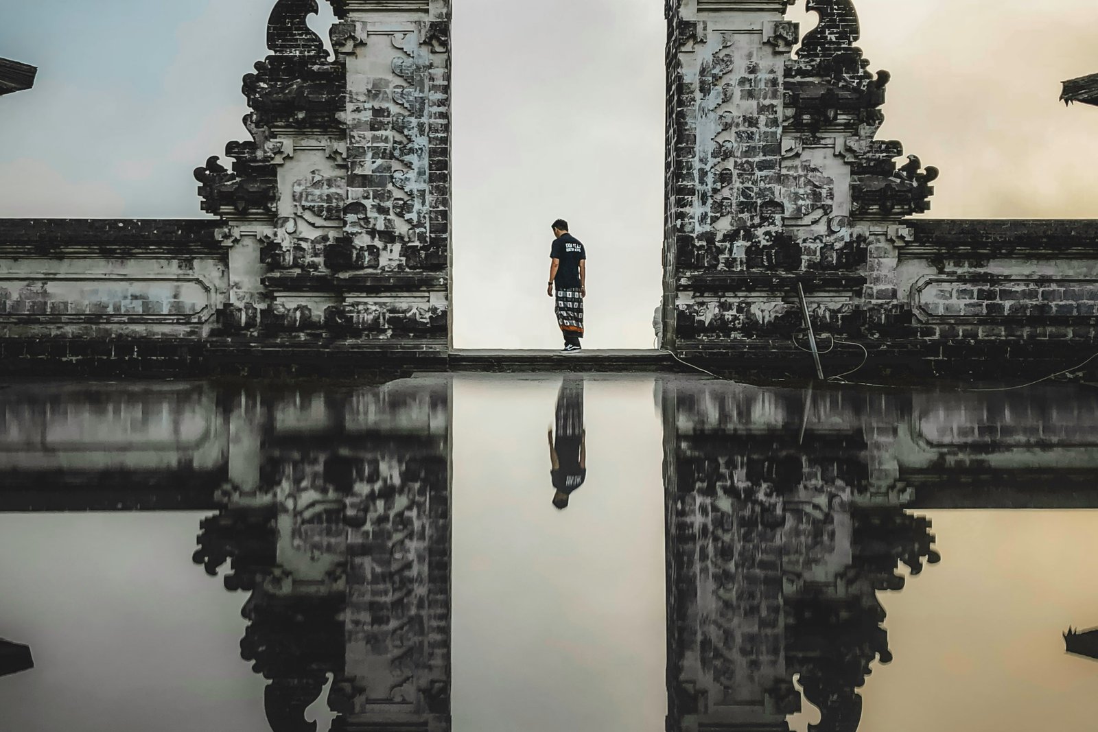 Heritage temple landscape with warm tropical light and water gardens