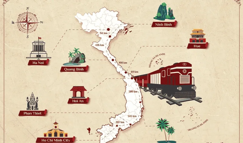 This train tour combines multiple sightseeing spots in all three regions of Vietnam