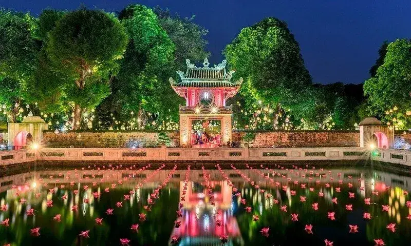 Temple of Literature illuminated for an evening cultural experience
