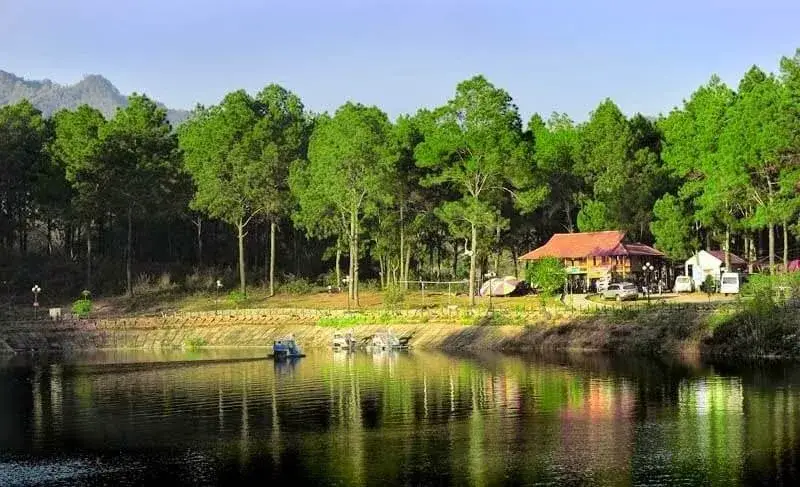 Lake and pine forest scenery at Ban Ang Village in Moc Chau