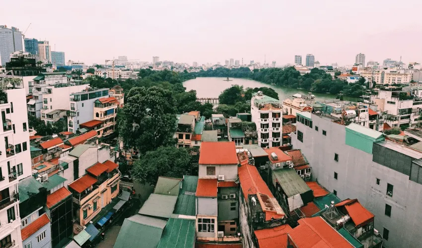 Aerial view of Hanoi Old Quarter on a classic highlights tour in Vietnam