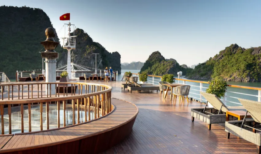 Luxury cruise deck overlooking a scenic bay in Vietnam